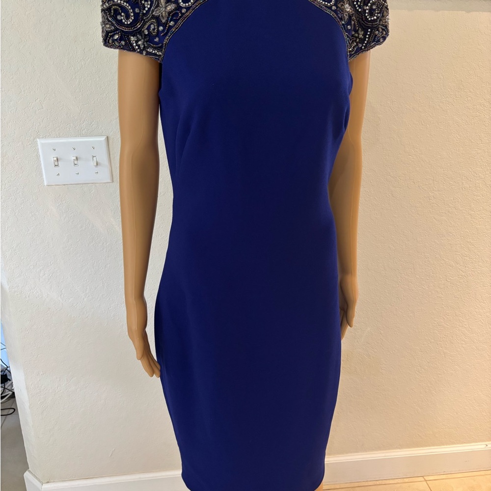 Badgley Mischka Blue Embellished Sheath Mini Dress